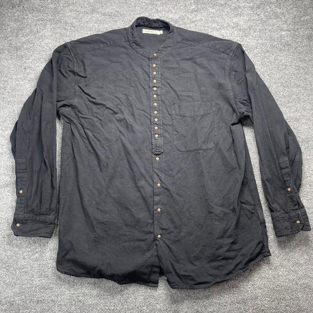 Civilian Mens XL Grandad Collar Shirt Black Long Sleeve Button Down Linen Blend